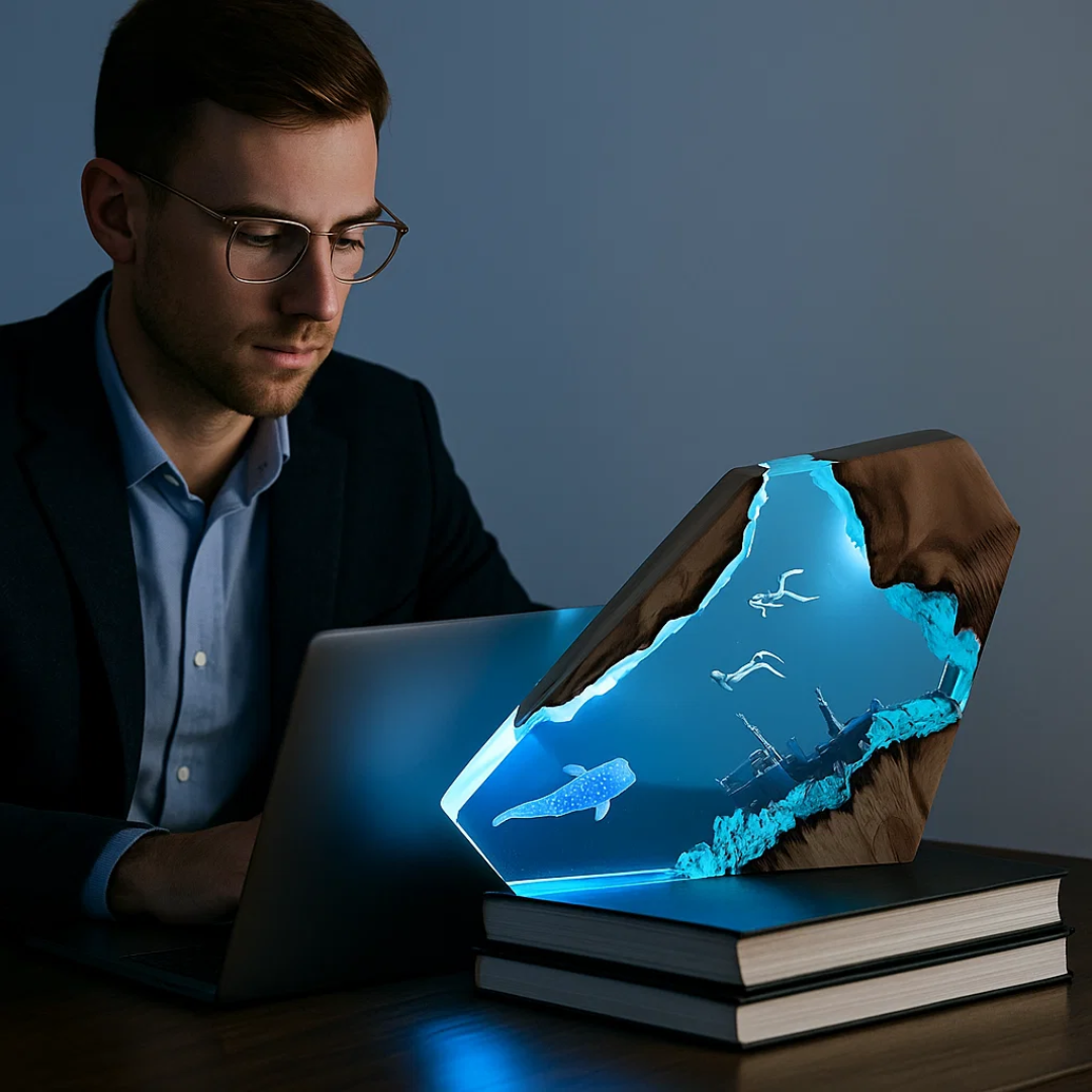 OceanDepth bordlampe | Epoxy LED-lampe med dykkerdesign