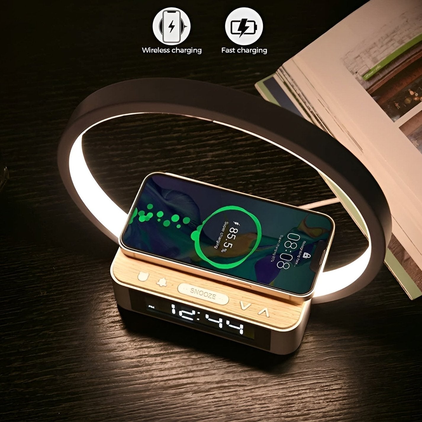 GlowCharge | Smart LED-lampe med Trådløs Opladning og Vækkeur
